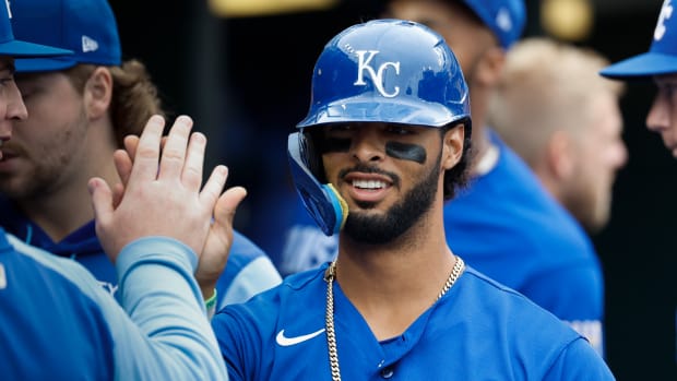Sep 4, 2022; Detroit, Michigan, USA; Kansas City Royals catcher MJ Melendez (1) is greeted after scoring in the eighth inning against the Detroit Tigers at Comerica Park. Mandatory Credit: Rick Osentoski-USA TODAY Sports